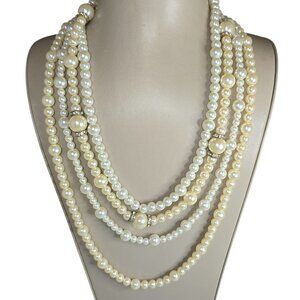 Women's Statement Chunky Faux Pearl Crystal Multi Strand Necklace NWOT
